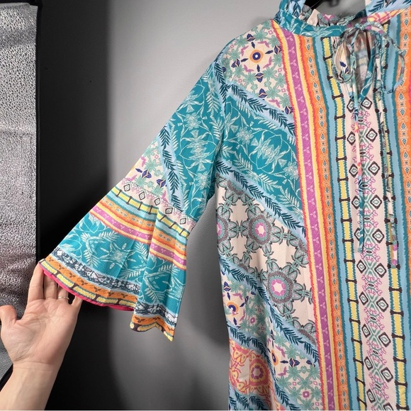 Tribal Boho Shift Dress Size Medium Caftan Bell Sleeve Midi Festival 60s Tunic - Picture 5 of 8